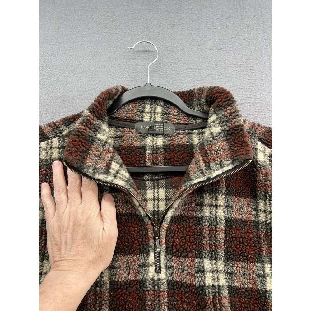 VTG Banana Republic Pullover Mens Large Plaid Sherpa Fleece Quarter Zip Burgundy